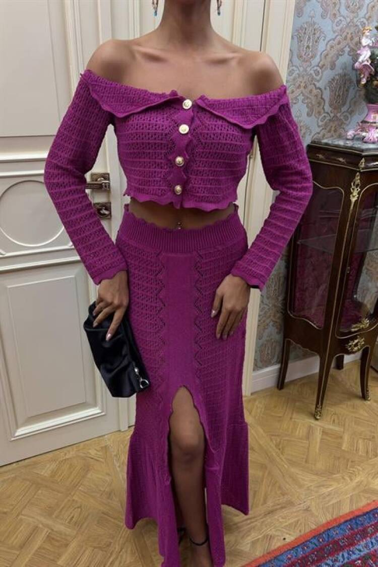 Madonna Neckline Chic Sweater Set With Deep Slit Skirt
