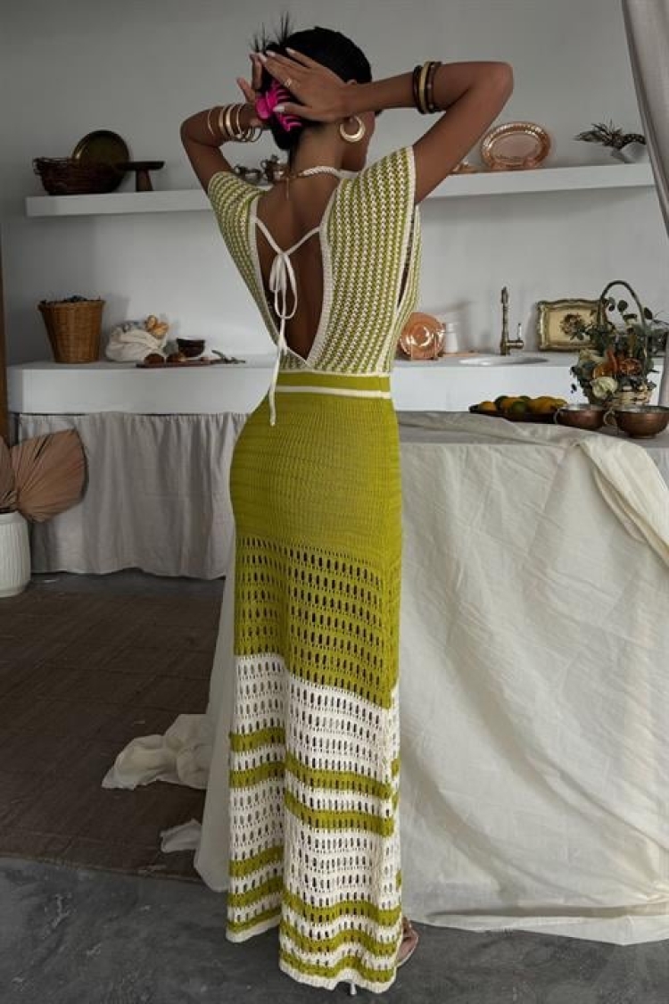 Off-the-Shoulder Striped Openwork Knitwear Dress