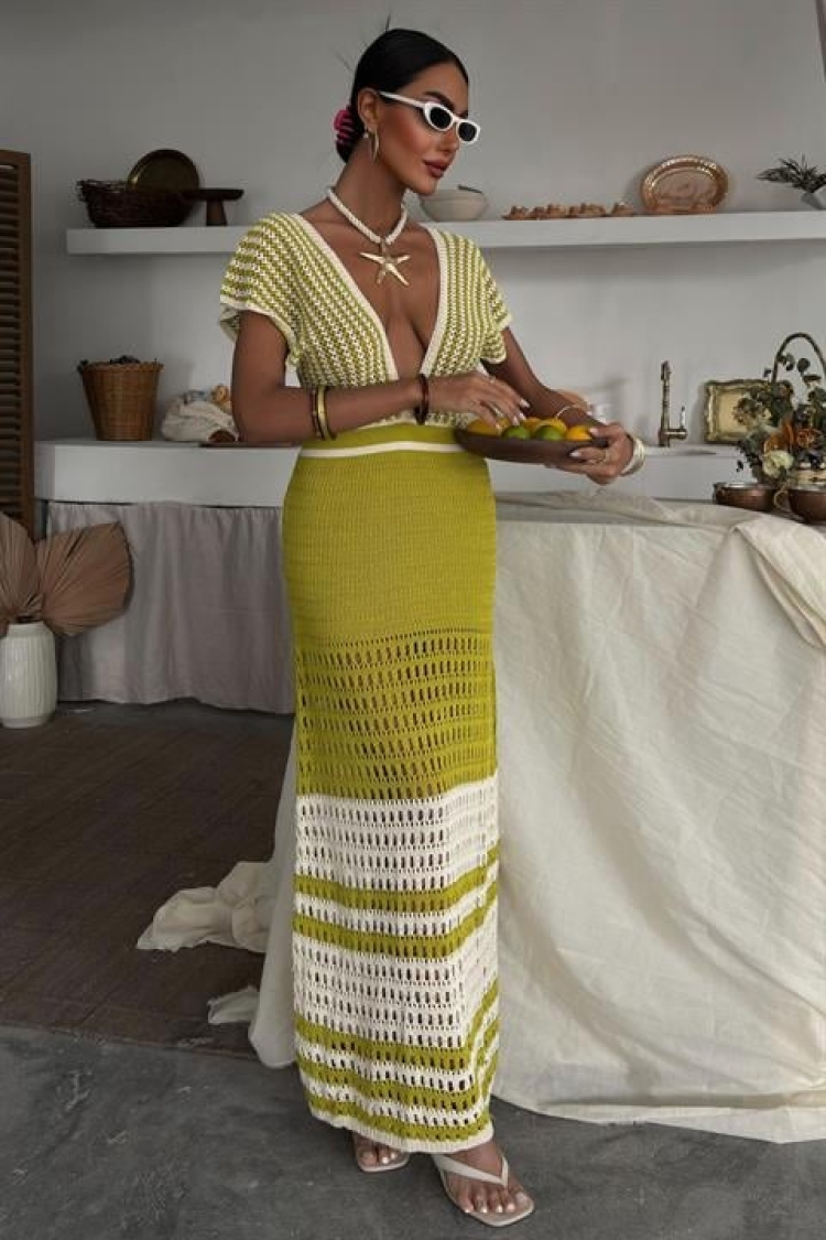Off-the-Shoulder Striped Openwork Knitwear Dress - Sobe Istanbul - Globality Store - Women Clothes Wholesale Turkey