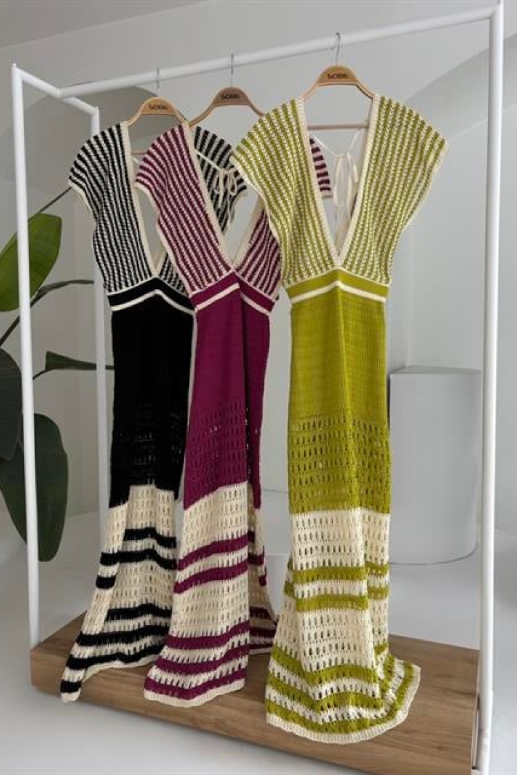 Off-the-Shoulder Striped Openwork Knitwear Dress