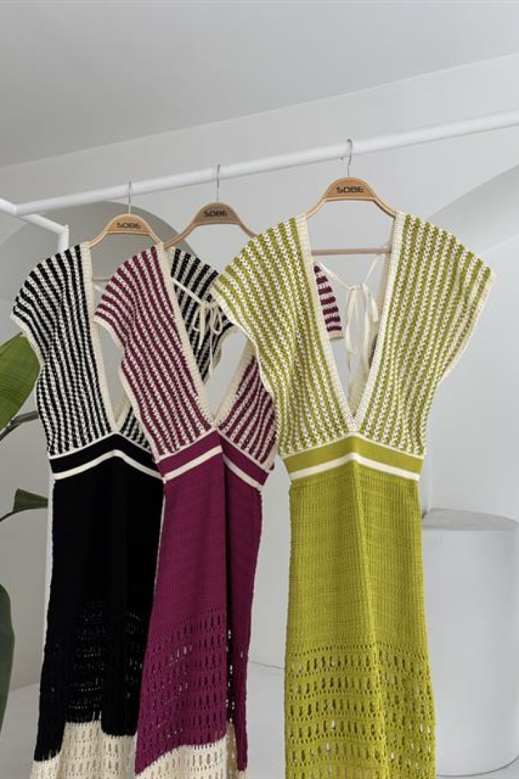 Off-the-Shoulder Striped Openwork Knitwear Dress