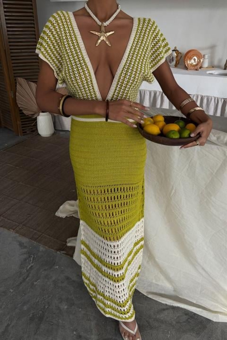 Off-the-Shoulder Striped Openwork Knitwear Dress