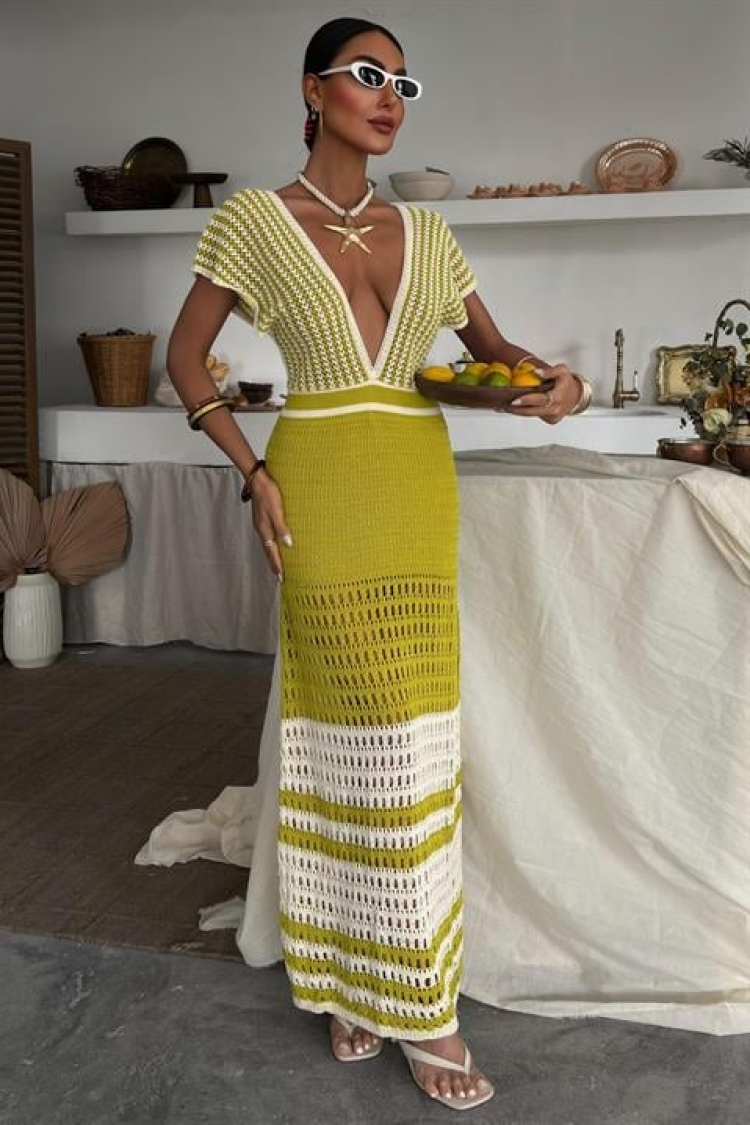 Off-the-Shoulder Striped Openwork Knitwear Dress