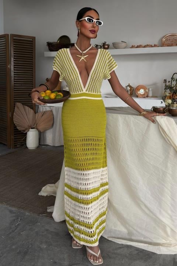 Off-the-Shoulder Striped Openwork Knitwear Dress