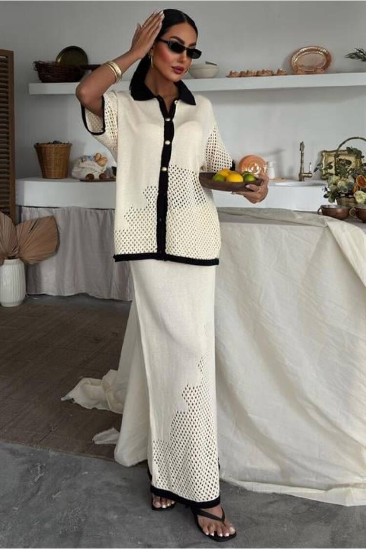 Stripe Detailed Polo Neck Openwork Suit - Sobe Istanbul - Globality Store - Women Clothes Wholesale Turkey