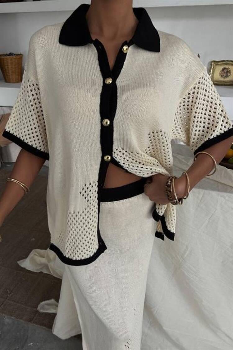 Stripe Detailed Polo Neck Openwork Suit