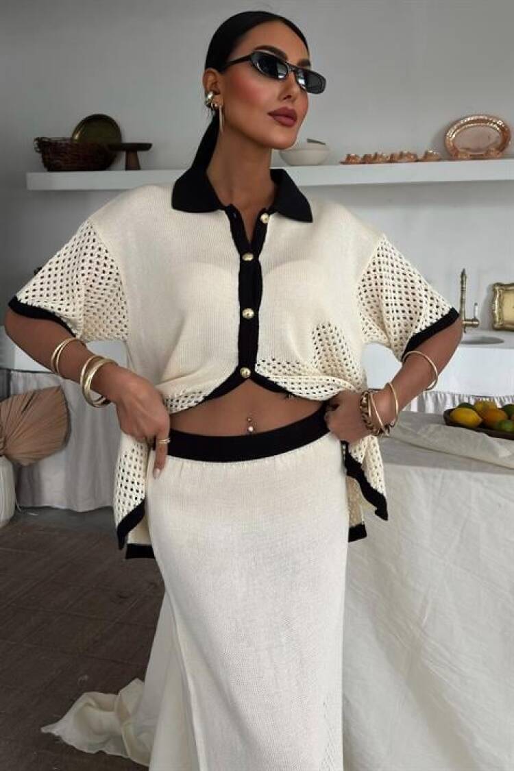 Stripe Detailed Polo Neck Openwork Suit
