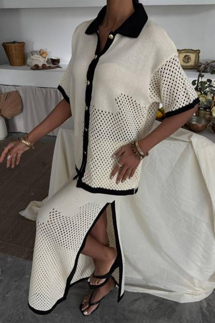Stripe Detailed Polo Neck Openwork Suit