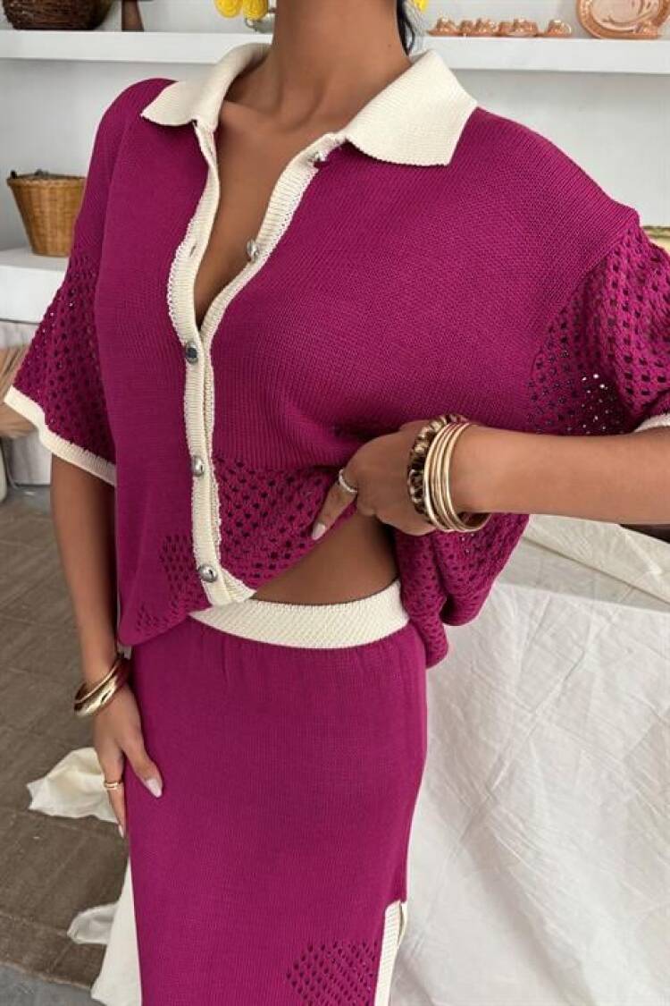 Stripe Detailed Polo Neck Openwork Suit
