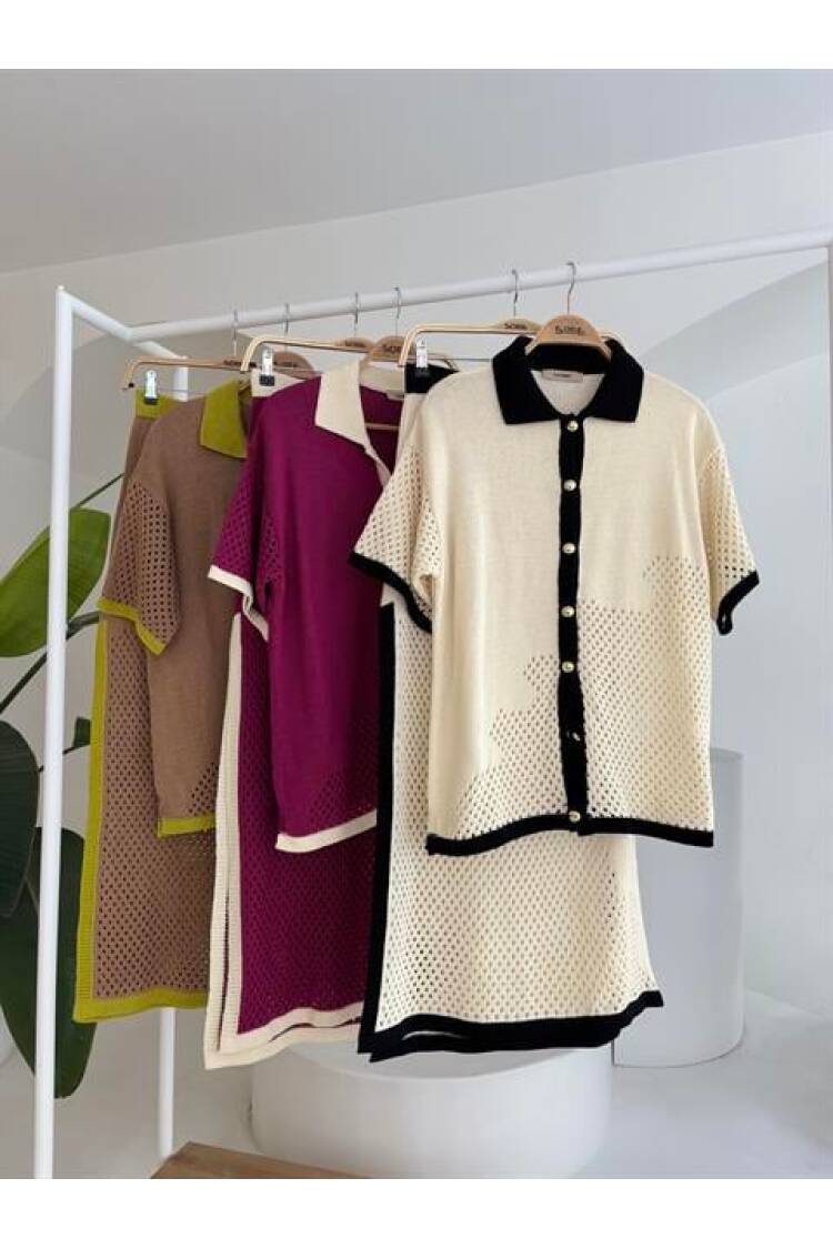 Stripe Detailed Polo Neck Openwork Suit