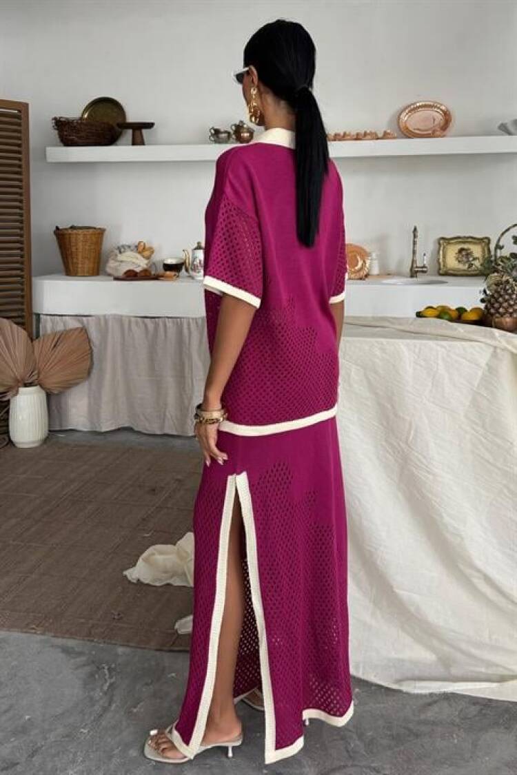 Stripe Detailed Polo Neck Openwork Suit