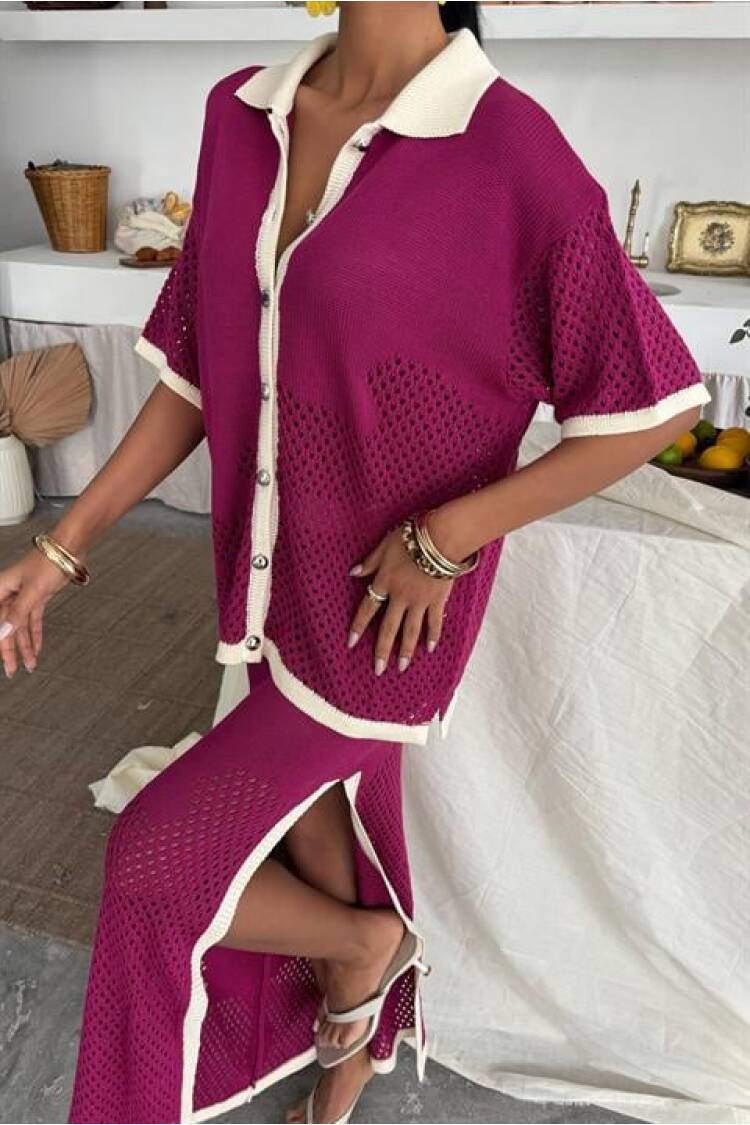 Stripe Detailed Polo Neck Openwork Suit