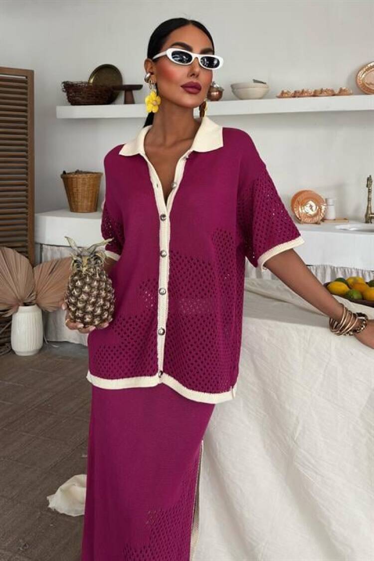 Stripe Detailed Polo Neck Openwork Suit