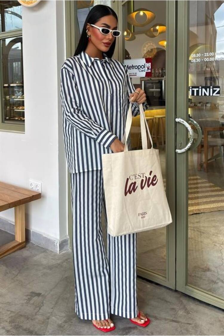 Pocket Detailed Slippery Striped Suit - Sobe Istanbul - Globality Store - Women Clothes Wholesale Turkey