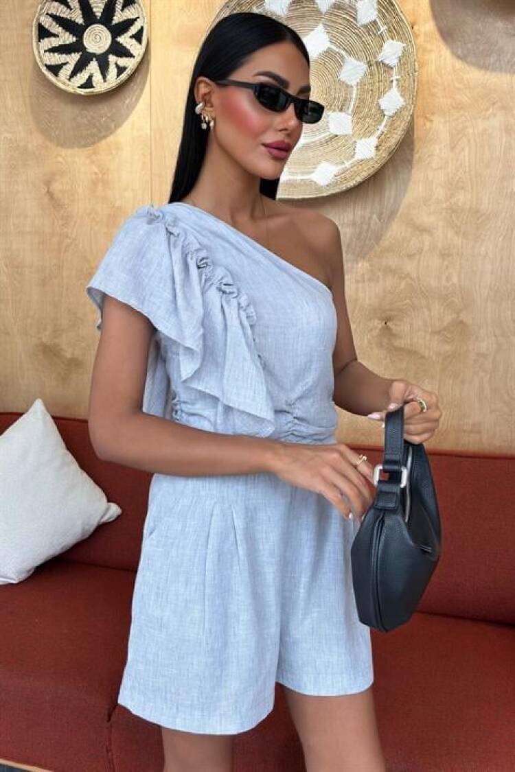 One Shoulder And Ruffle Detailed Linen Suit