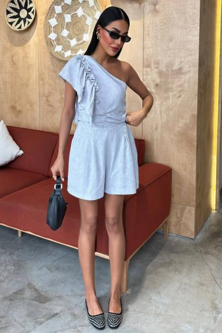 One Shoulder And Ruffle Detailed Linen Suit