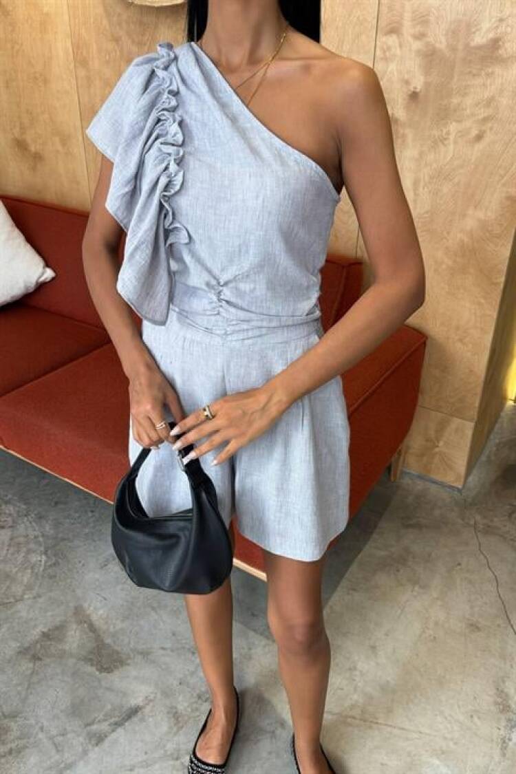 One Shoulder And Ruffle Detailed Linen Suit