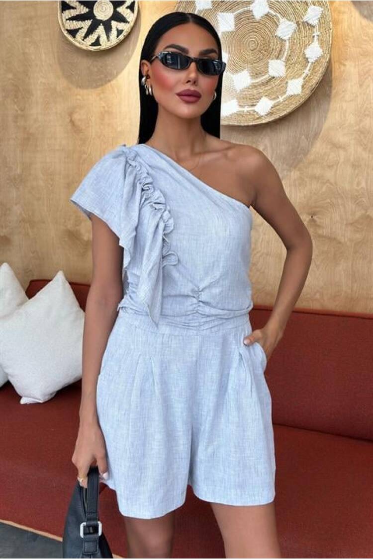 One Shoulder And Ruffle Detailed Linen Suit - Sobe Istanbul - Globality Store - Women Clothes Wholesale Turkey