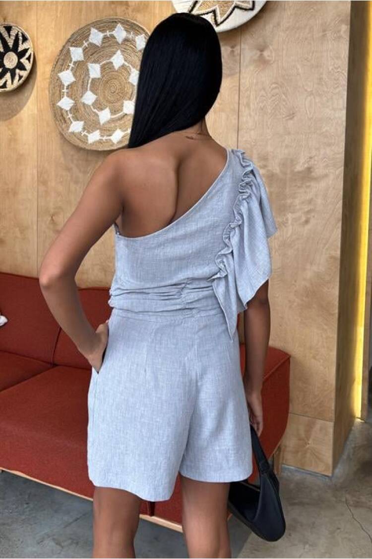 One Shoulder And Ruffle Detailed Linen Suit