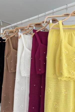 Pearl And Flower Detailed Bustier Knitwear Set - Mürdüm - Sobe Istanbul - Globality Store - Women Clothes Wholesale Turkey