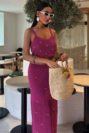 Pearl And Flower Detailed Bustier Knitwear Set - Mürdüm - Sobe Istanbul - Globality Store - Women Clothes Wholesale Turkey