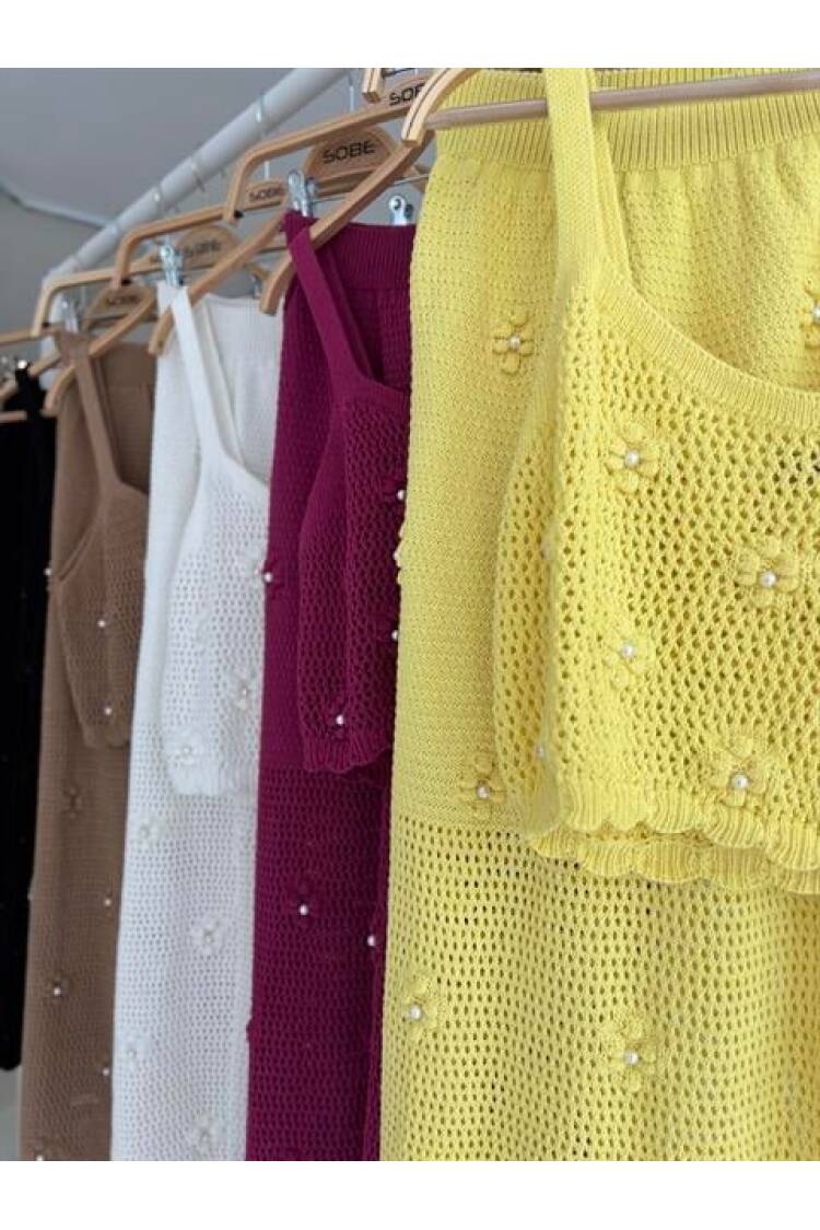 Pearl And Flower Detailed Bustier Knitwear Set - Mürdüm