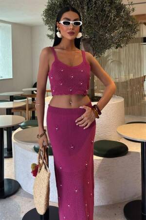 Pearl And Flower Detailed Bustier Knitwear Set - Mürdüm - Sobe Istanbul - Globality Store - Women Clothes Wholesale Turkey