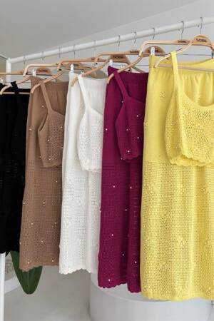 Pearl And Flower Detailed Bustier Knitwear Set - Mürdüm - Sobe Istanbul - Globality Store - Women Clothes Wholesale Turkey