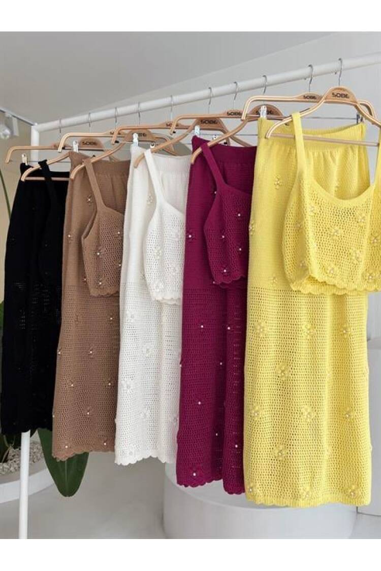 Pearl And Flower Detailed Bustier Knitwear Set - Mürdüm