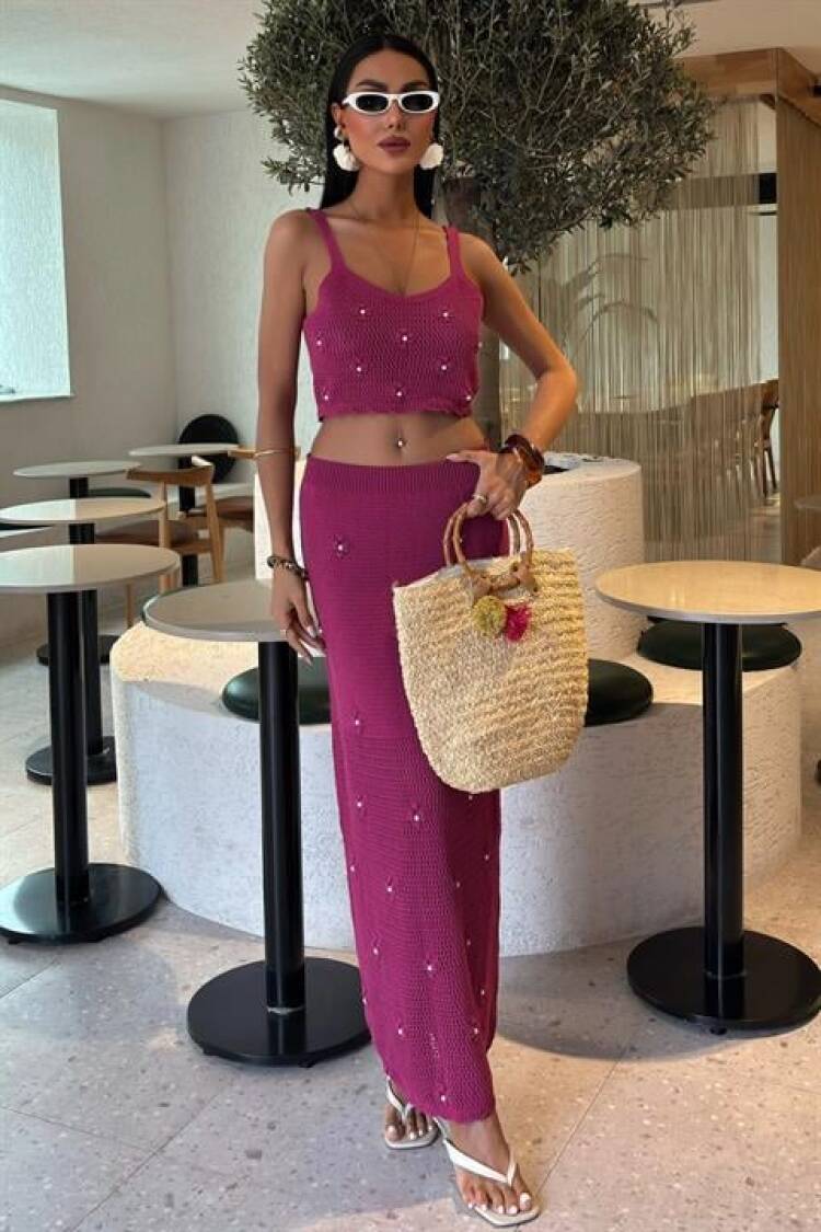 Pearl And Flower Detailed Bustier Knitwear Set - Mürdüm - Sobe Istanbul - Globality Store - Women Clothes Wholesale Turkey