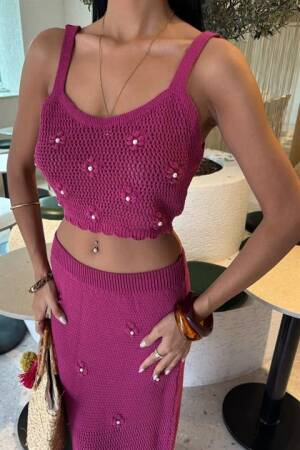 Pearl And Flower Detailed Bustier Knitwear Set - Mürdüm - Sobe Istanbul - Globality Store - Women Clothes Wholesale Turkey