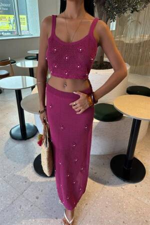Pearl And Flower Detailed Bustier Knitwear Set - Mürdüm - Sobe Istanbul - Globality Store - Women Clothes Wholesale Turkey