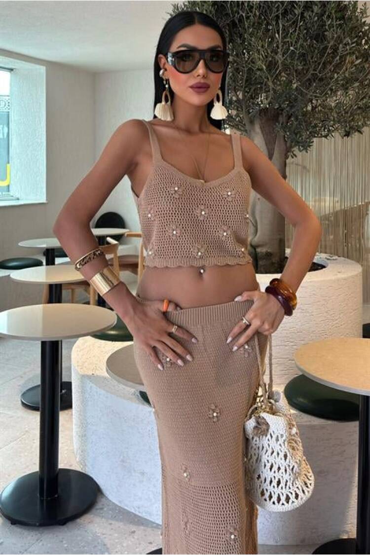 Pearl And Floral Detailed Bustier Knitwear Suit