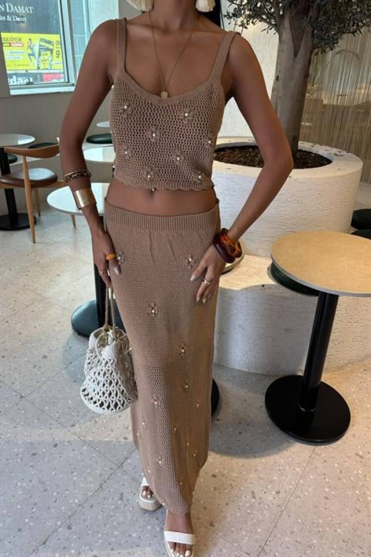 Pearl And Floral Detailed Bustier Knitwear Suit