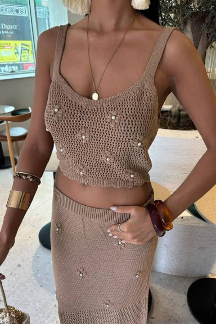 Pearl And Floral Detailed Bustier Knitwear Suit