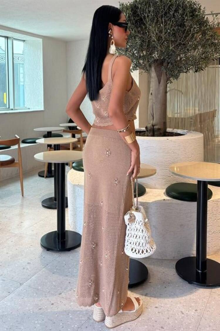 Pearl And Floral Detailed Bustier Knitwear Suit
