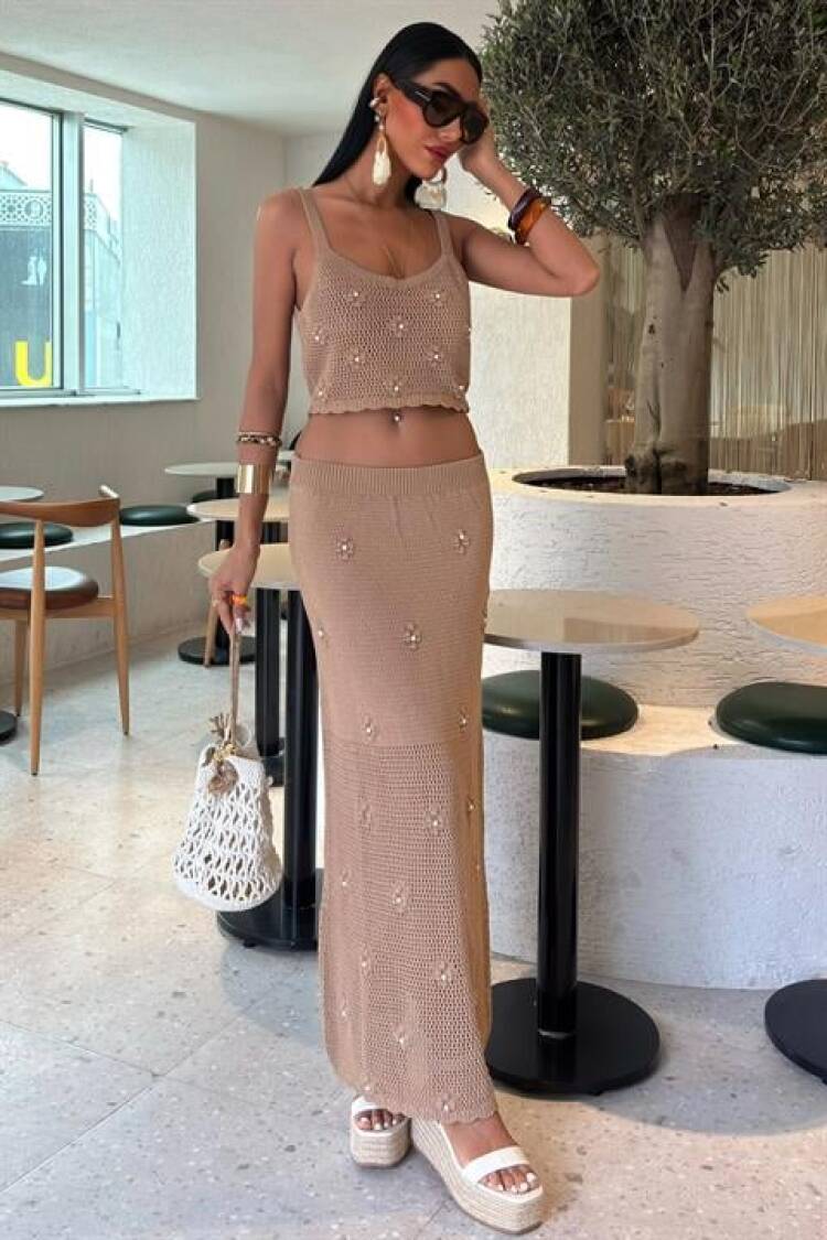 Pearl And Floral Detailed Bustier Knitwear Suit