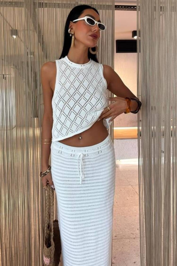 Back Cross Detail Openwork Knitwear Set