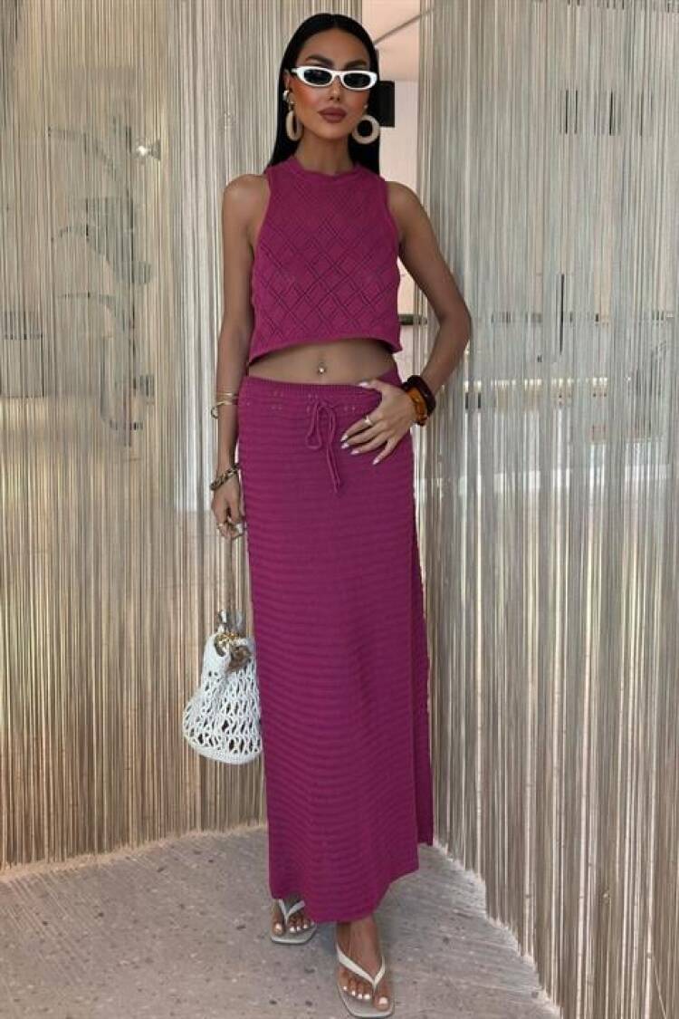 Back Cross Detail Openwork Knitwear Suit - Purple - Sobe Istanbul - Globality Store - Women Clothes Wholesale Turkey
