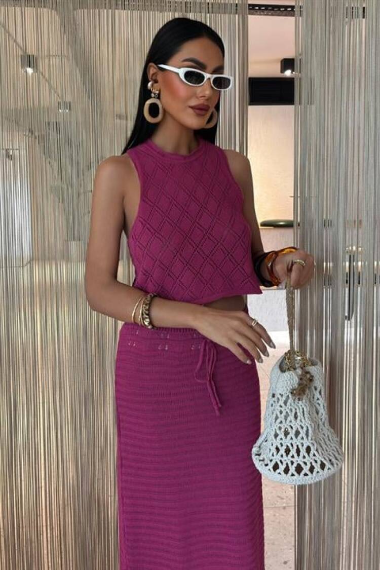 Back Cross Detail Openwork Knitwear Suit - Purple