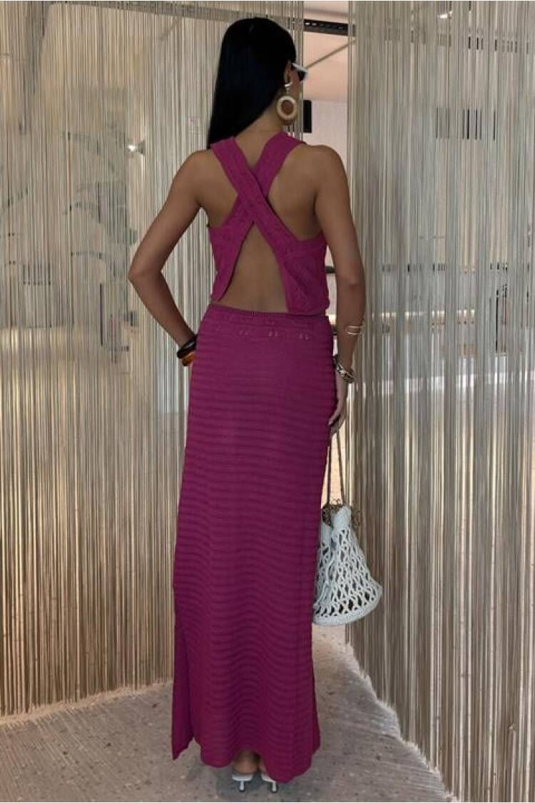 Back Cross Detail Openwork Knitwear Suit - Purple