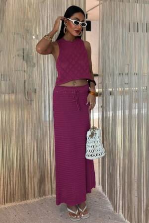 Back Cross Detail Openwork Knitwear Suit - Purple - Sobe Istanbul - Globality Store - Women Clothes Wholesale Turkey