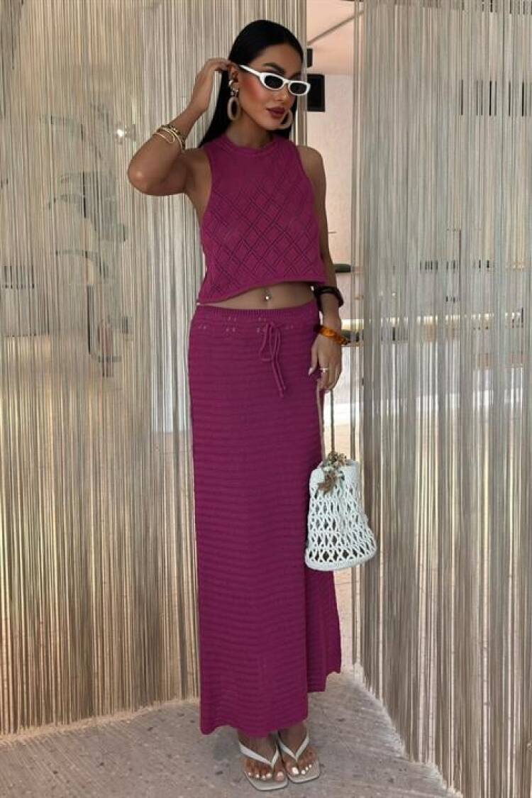 Back Cross Detail Openwork Knitwear Suit - Purple