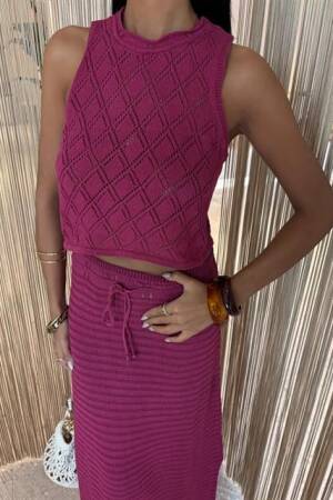 Back Cross Detail Openwork Knitwear Suit - Purple - Sobe Istanbul - Globality Store - Women Clothes Wholesale Turkey