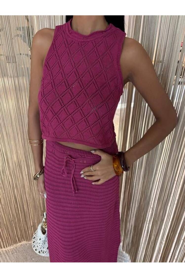 Back Cross Detail Openwork Knitwear Suit - Purple