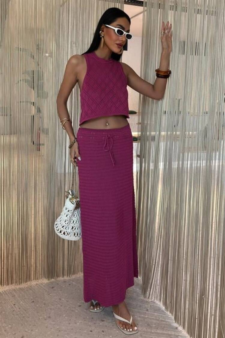 Back Cross Detail Openwork Knitwear Suit - Purple
