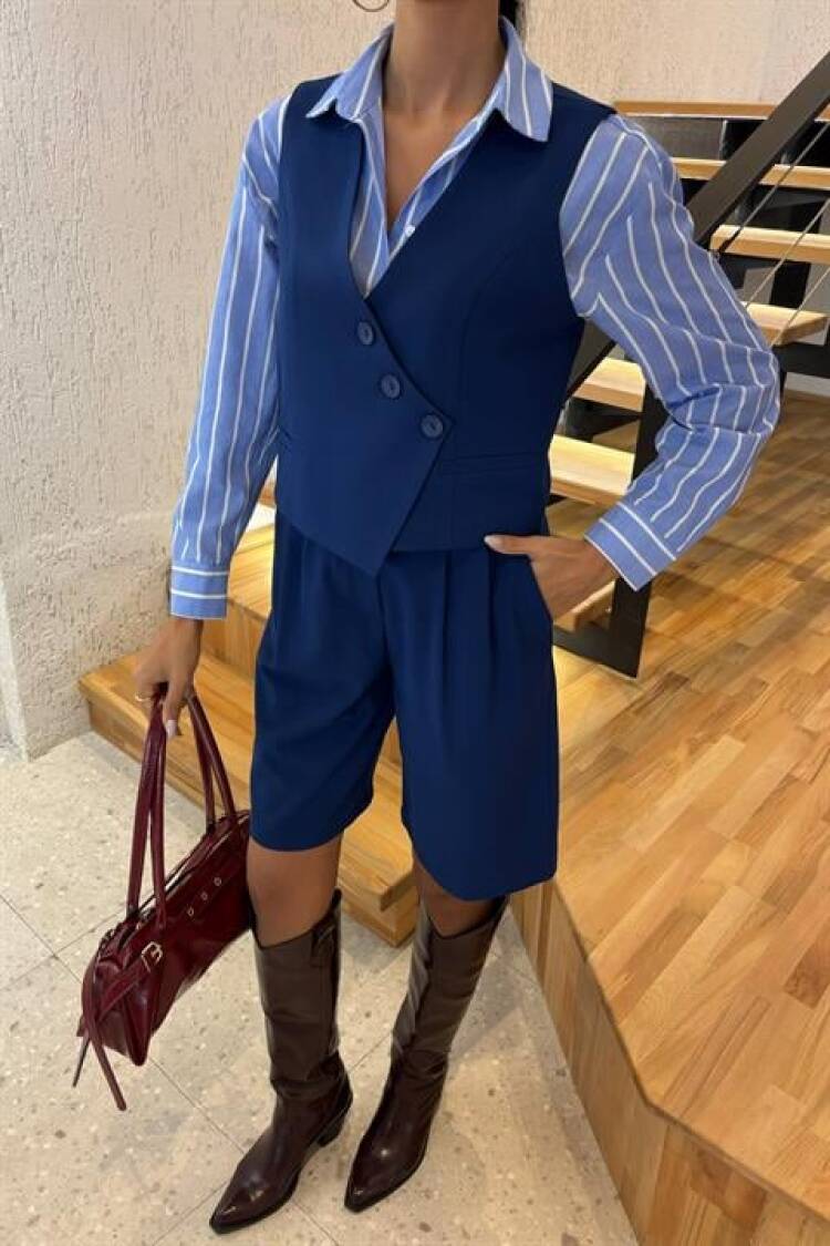 Vest Set With Cross Buttons And Bermuda Shorts - Navy