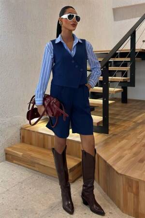 Vest Set With Cross Buttons And Bermuda Shorts - Navy - Sobe Istanbul - Globality Store - Women Clothes Wholesale Turkey