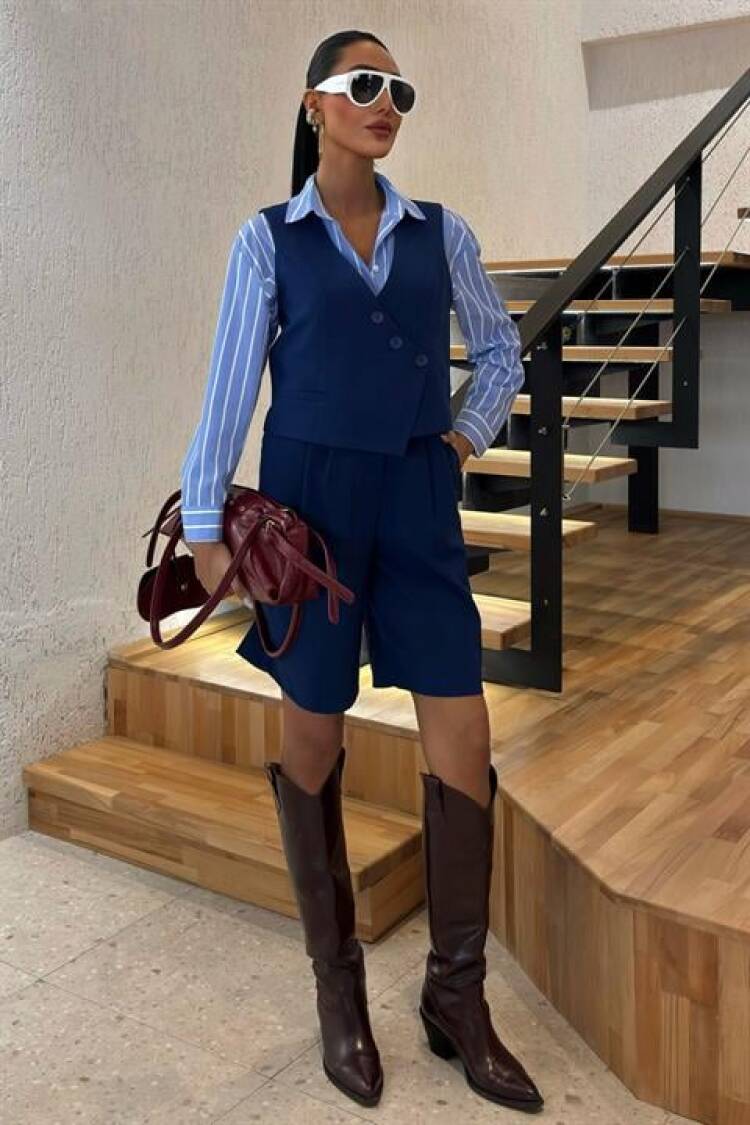 Vest Set With Cross Buttons And Bermuda Shorts - Navy