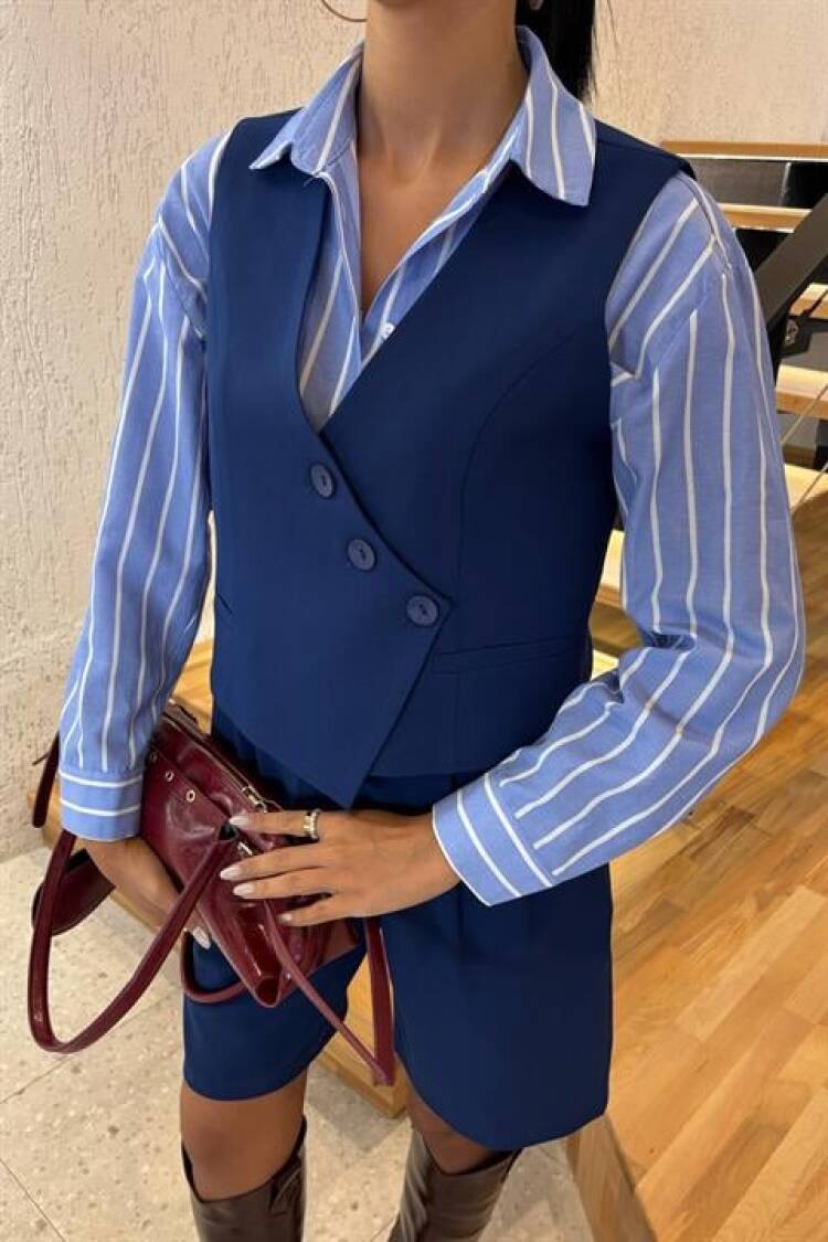 Vest Set With Cross Buttons And Bermuda Shorts - Navy